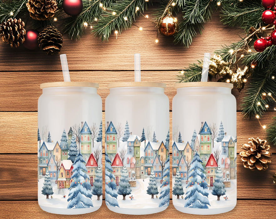 Christmas Village Frosted Glass Can – 16oz Frosted Glass Can with Bamboo Lid & BPA-Free Straw