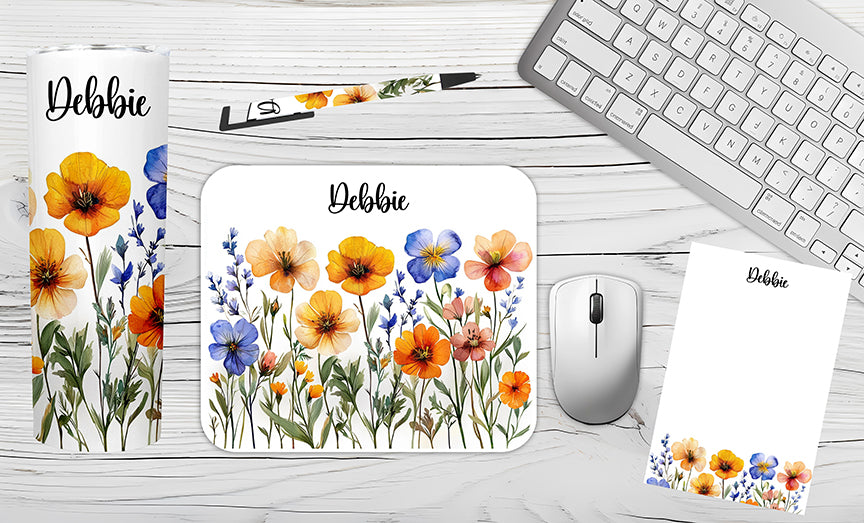 Personalized Wildflower Watercolor Desk Set - Tumbler, Mousepad, Notepad & Pen