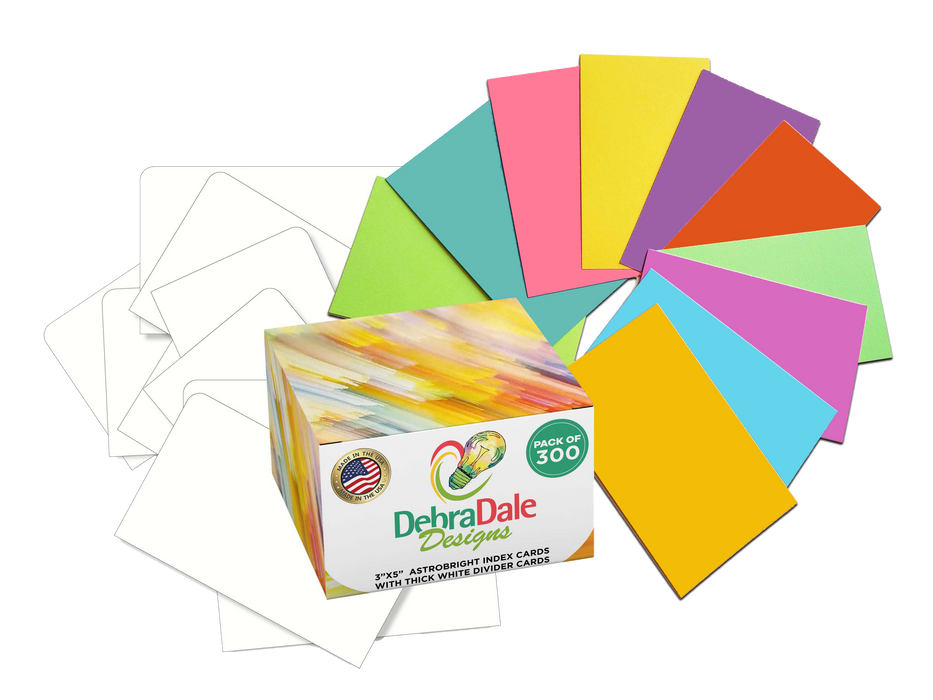 Bulk 3” x 5” Blank Index Cards – 300 Count – 10 Colors – 176 gsm – Great for Classrooms