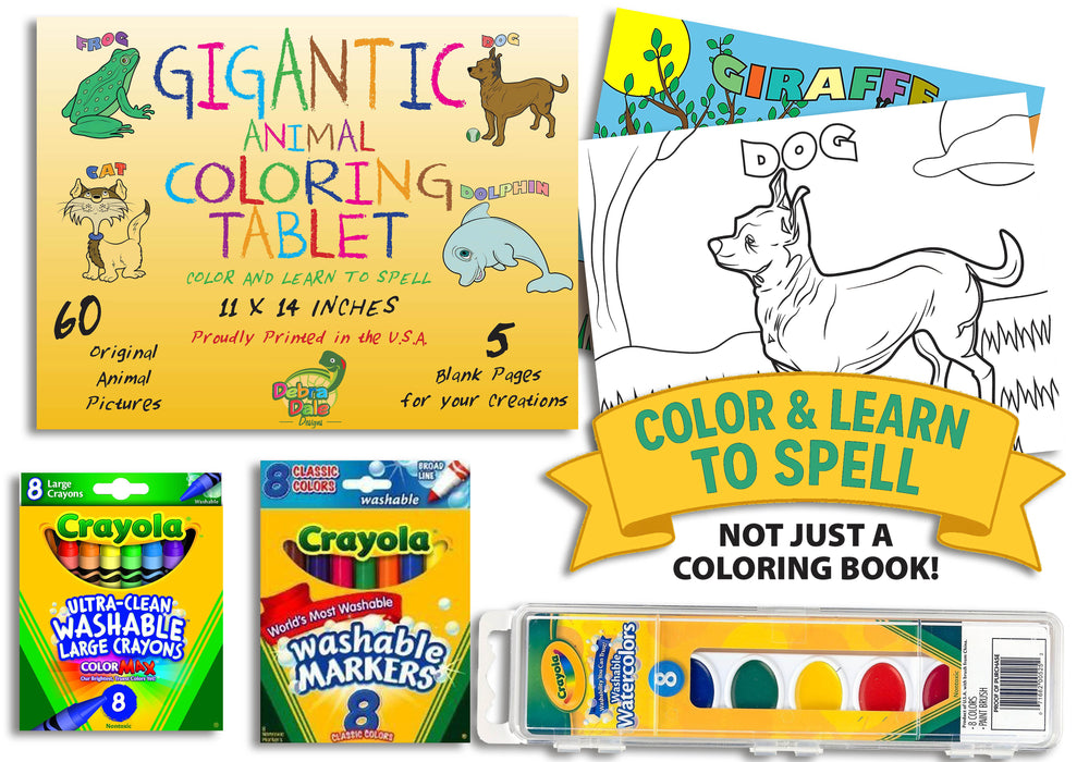 Debra Dale Designs Gigantic Animal Coloring Book Set for Toddlers – Jumbo 11" x 14" Pad with Padded Binding – Includes Washable Crayons, Markers & Paints – Preschool Art Gift – Printed in the USA