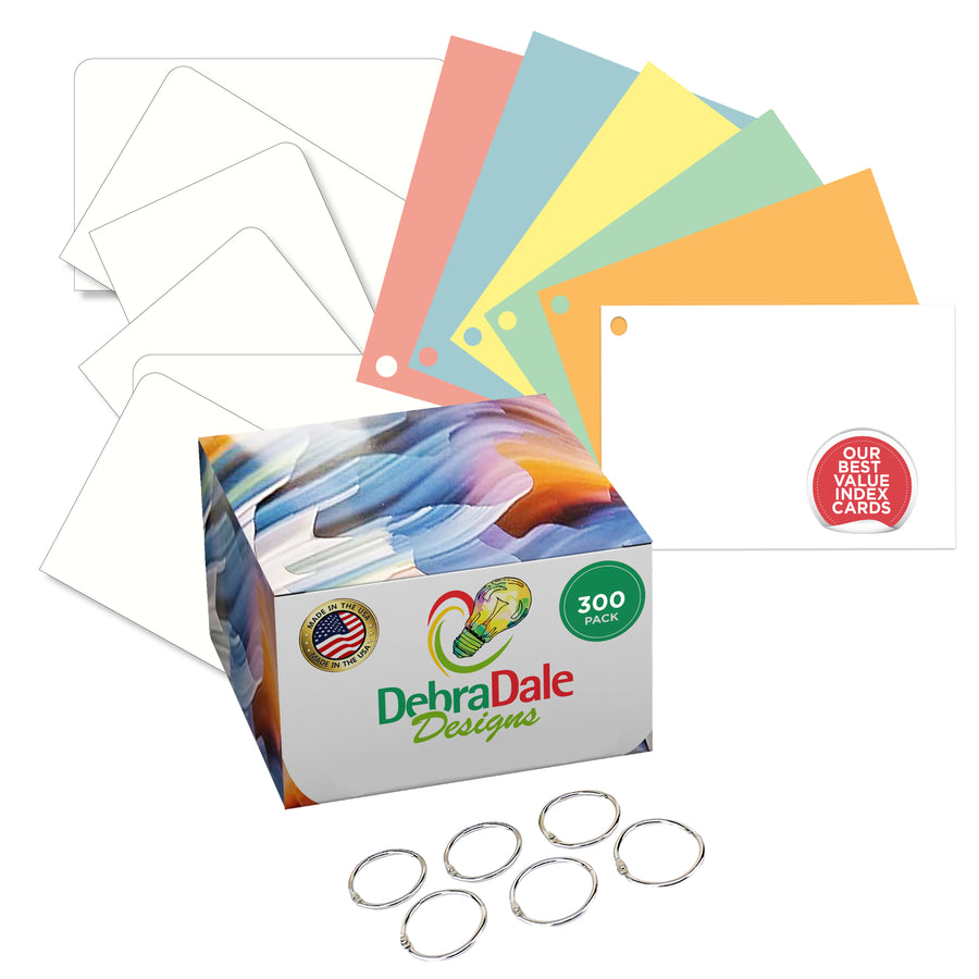 300 count of 4” x 6” multi-color blank index cards, hole punched, with a box and dividers displayed.