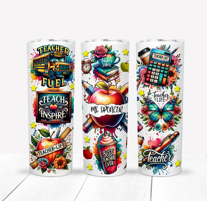 Personalized 'Teacher Life' 20 oz Stainless Steel Tumbler with Vibrant School-Themed Graphics