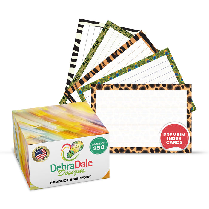 3” x 5” Lined Index Cards – 250 Count – Animal Print Border – 253 gsm Premium Cardstock – Boxed
