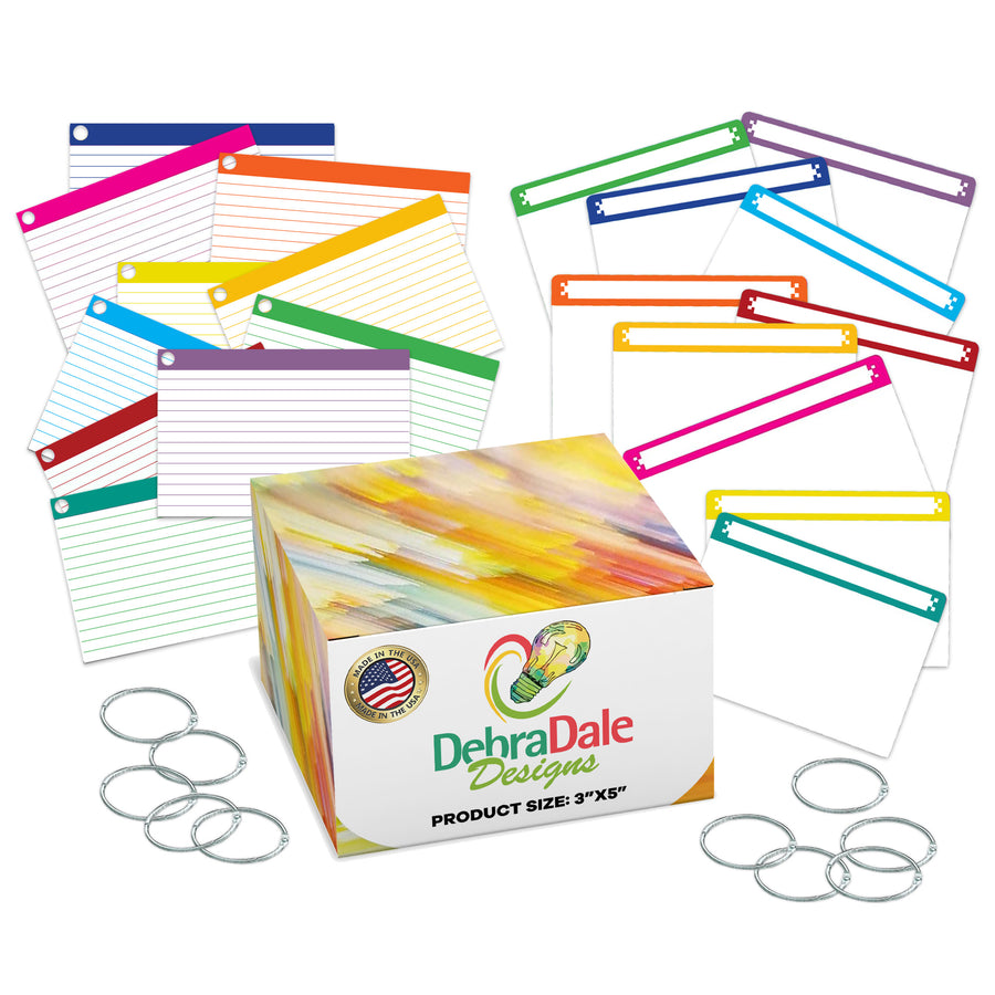 3 x 5 ruled index cards, color bar design, hole-punched with rings and matching dividers, 350 count, 199 gsm cardstock – Debra Dale Designs