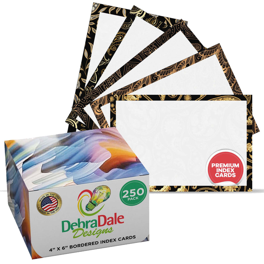 4” x 6” blank index cards, black and gold design, 271 gsm premium cardstock – Debra Dale Designs