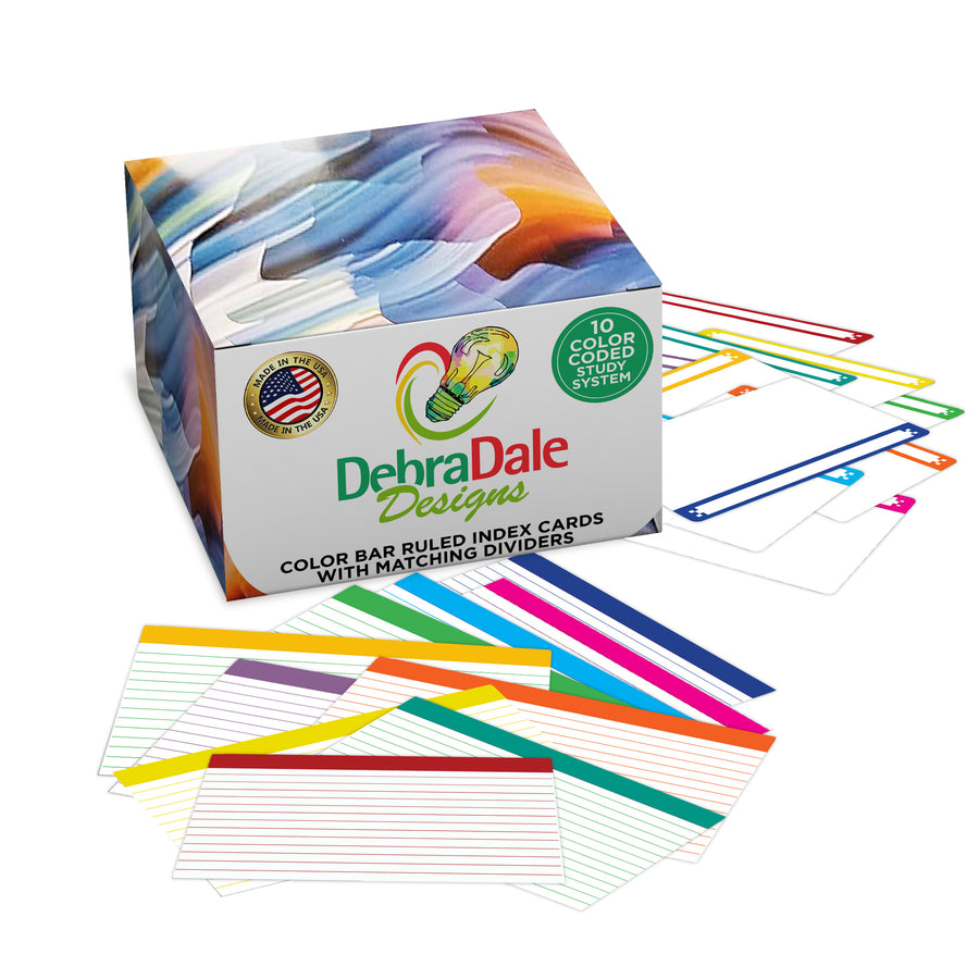 4” x 6” color bar ruled index cards in a box with matching dividers, featuring various colors and a color-coded system.