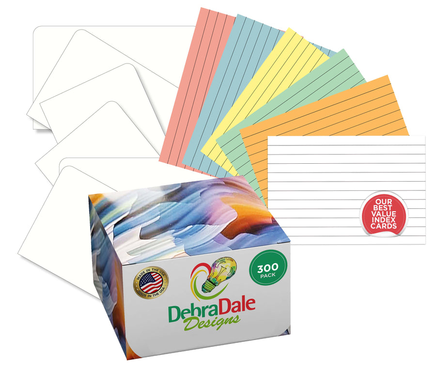 300 count multi-color ruled index cards with dividers, featuring various pastel shades and a box design.