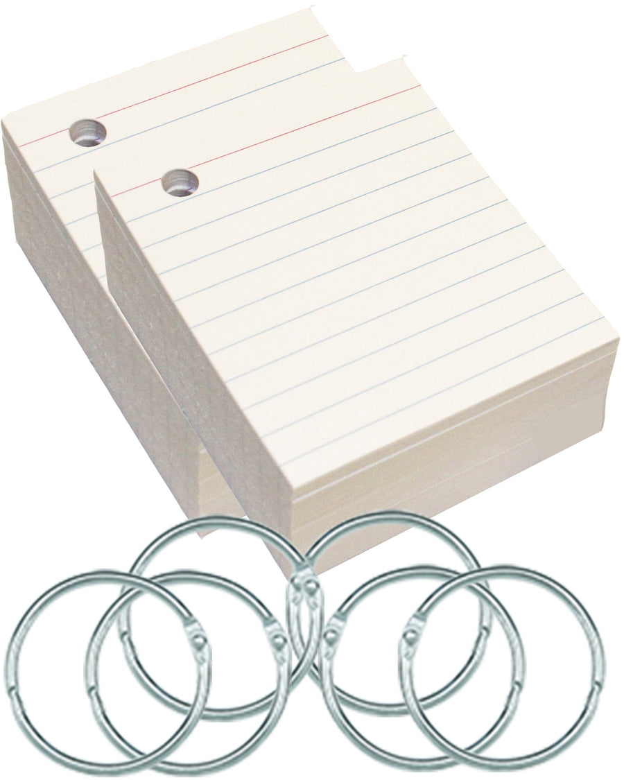 Ruled index cards in white, measuring 2.5” x 3”, with binder rings for easy organization, 300 count.