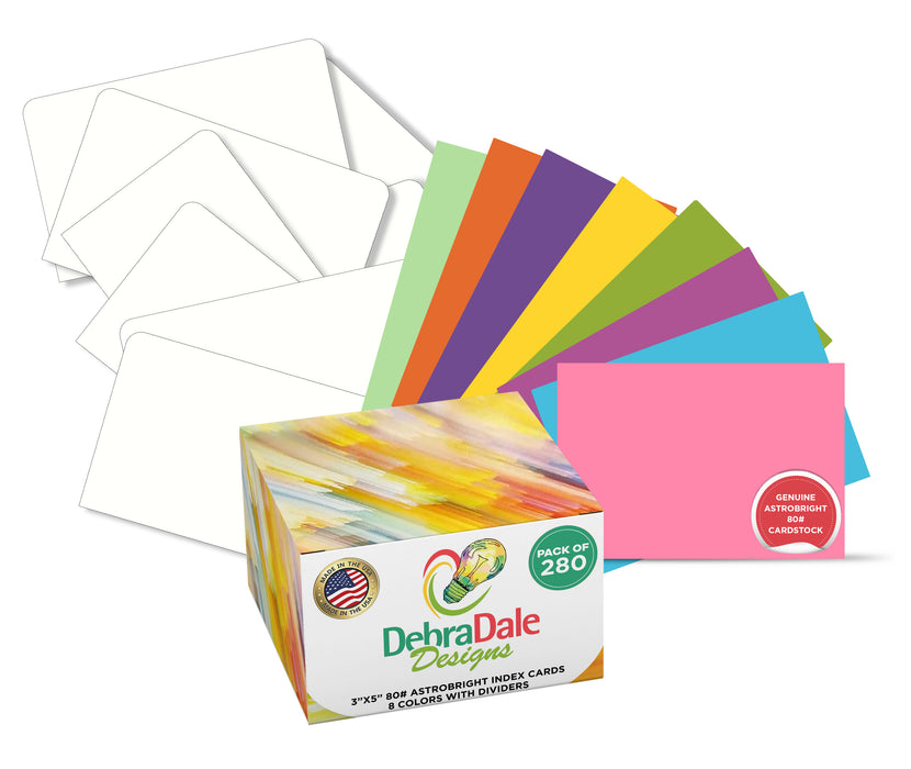 3” x 5” Blank Index Cards – 280 Count – 8 Bright Colors – 216 gsm Standard Plus Cardstock – With Dividers – Limited Edition