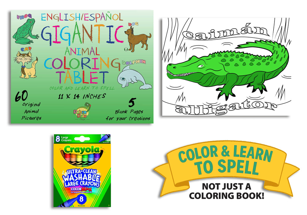 Color & Learn to Spell / Aprende a Escribir – English & Spanish Early Learner Pad – 60 Animal Words – With Crayons – 11x14