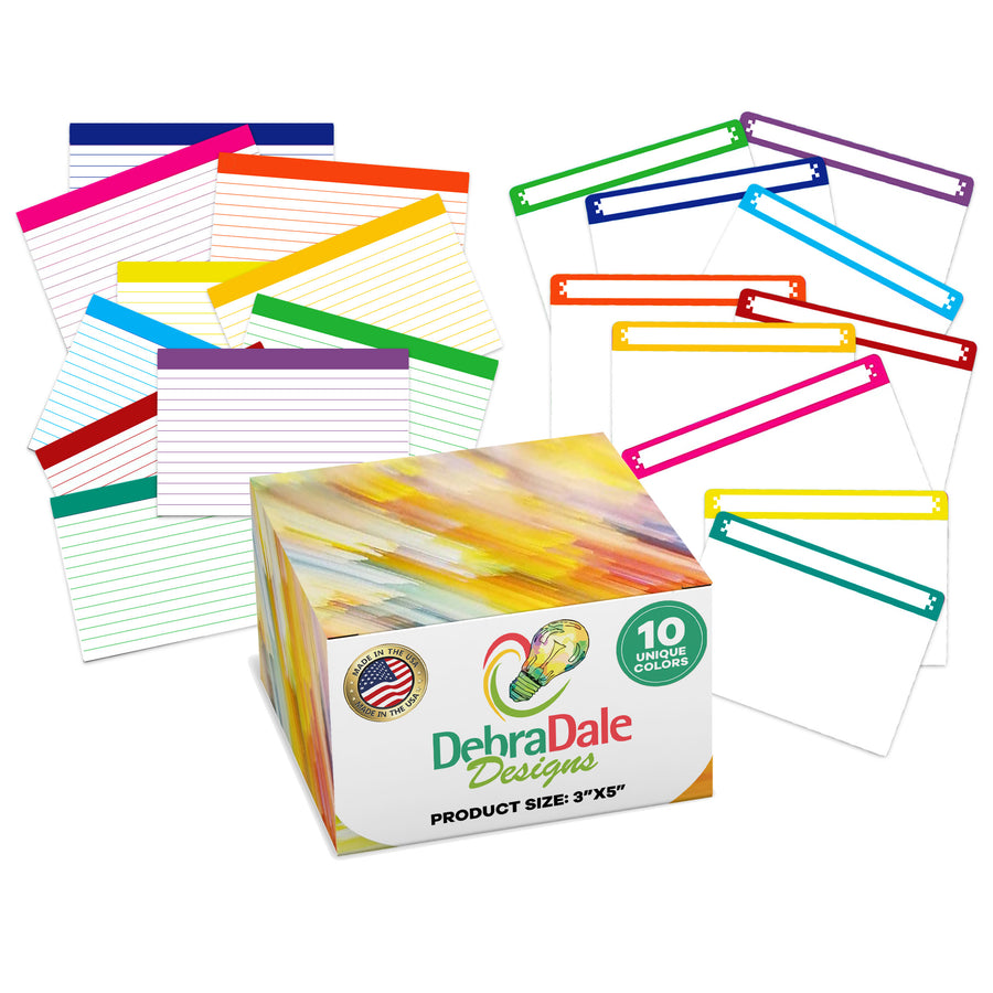 3 x 5 ruled index cards, color bar design, ruled front and blank back with matching dividers, 350 count, 199 gsm cardstock – Debra Dale Designs
