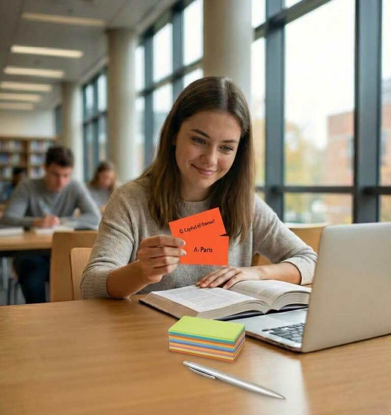 Student studying with bright color flash cards