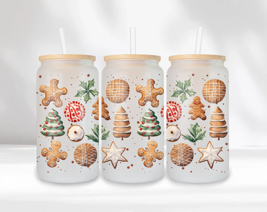 Christmas Cookie Frosted Glass Can – 16oz with Bamboo Lid and Straw, Holiday Drinkware Gift