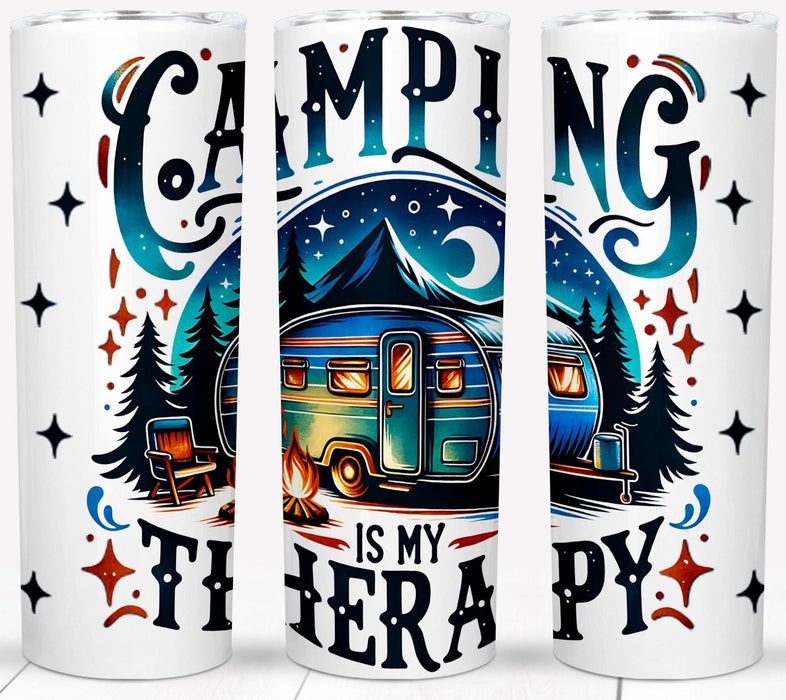 Camping Is My Therapy 20 oz Stainless Steel Tumbler | Retro Camper Design | Double Wall Insulated Travel Mug