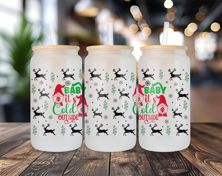 Baby It’s Cold Outside Frosted Glass Can – 16oz Holiday Tumbler with Bamboo Lid & Straw