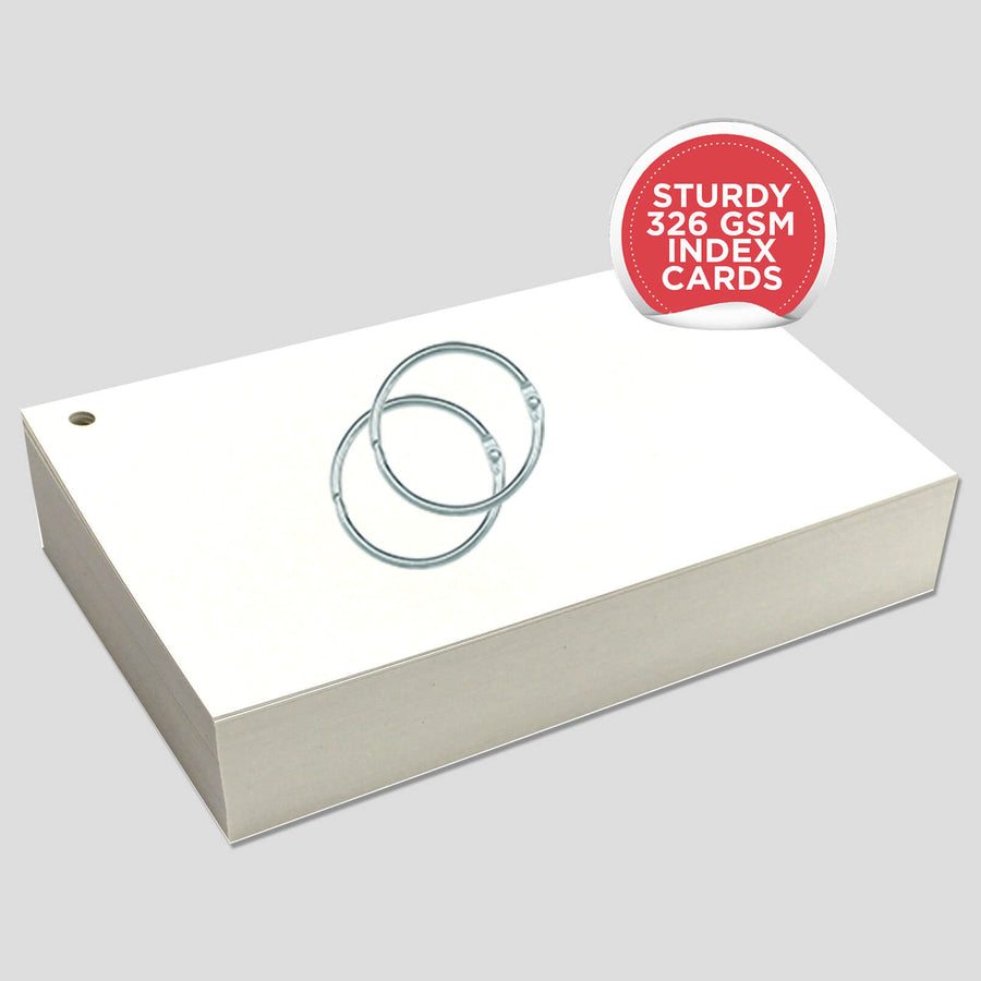 5” x 8” white blank index cards, 100 count, hole-punched with two metal rings on top, stacked neatly.