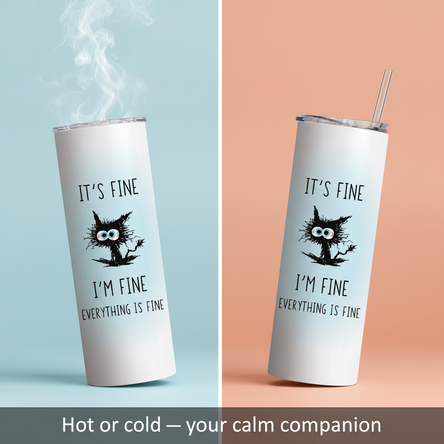 Two tumblers with a cat illustration and text on a gradient background