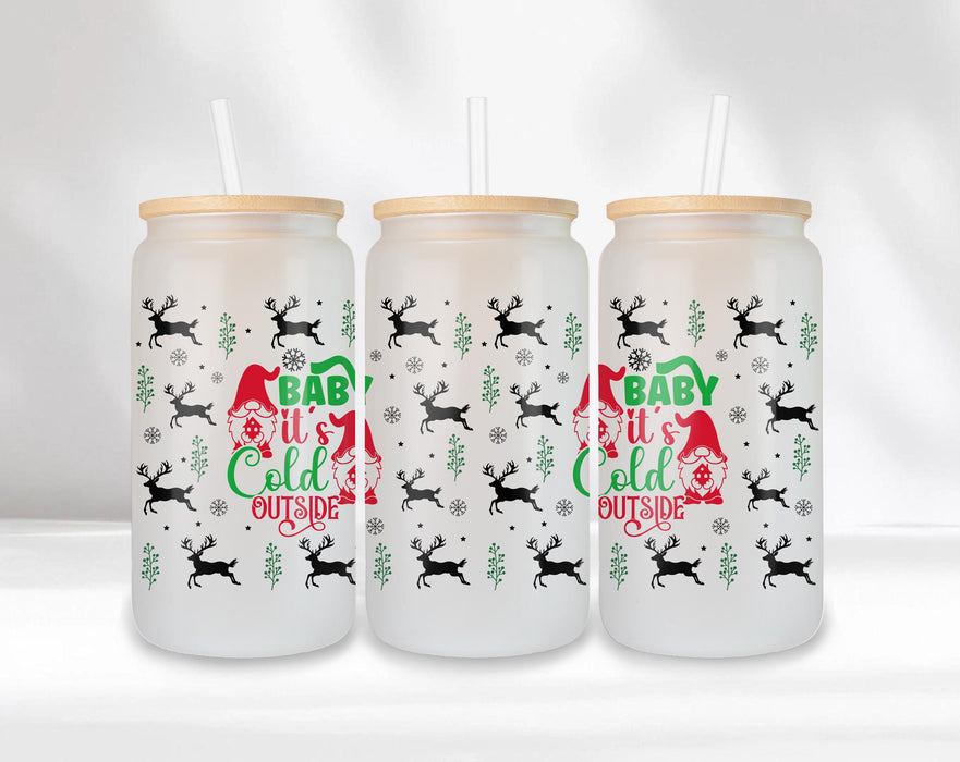 Baby It’s Cold Outside Frosted Glass Can – 16oz Holiday Tumbler with Bamboo Lid & Straw