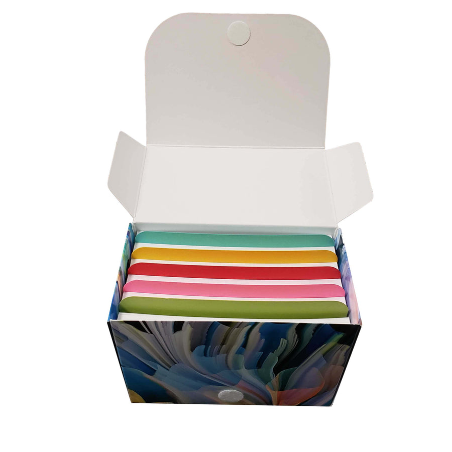 4” x 6” blank index cards in a storage box, featuring colorful dividers and a floral design on the box exterior.