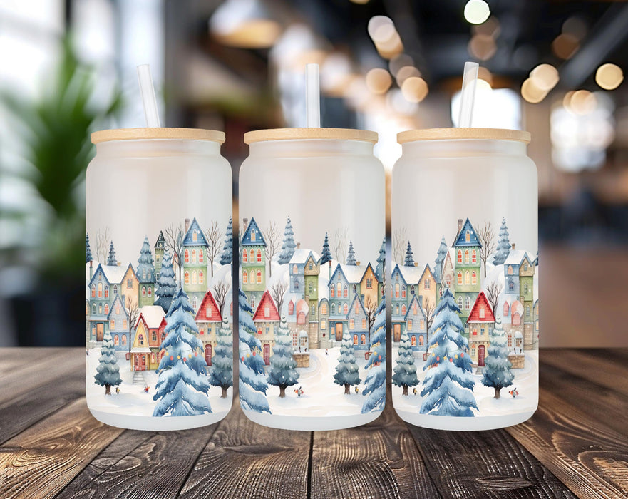 Christmas Village Frosted Glass Can – 16oz Frosted Glass Can with Bamboo Lid & BPA-Free Straw