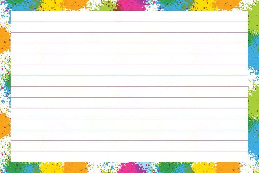4” x 6” ruled index card with a colorful paint splatter border in pink, blue, green, and orange. 250 count pack.