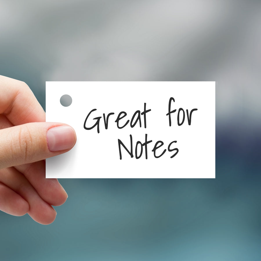 White mini index card held by a hand, featuring the text "Great for Notes" and a punched hole in the corner.