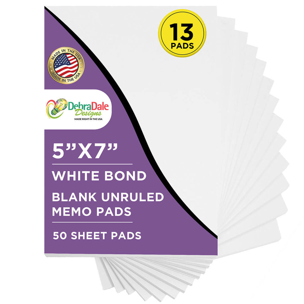 5” x 7” Blank Notepads – 13 Pack – White – 50 Sheets Each – 20# Bond – Chipboard Back