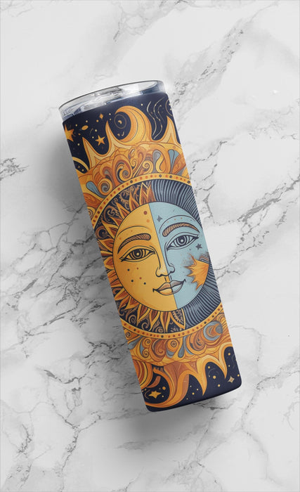 BOHO Sun and Moon 20 oz Stainless Steel Tumbler | Celestial Double Wall Insulated Travel Mug | Bohemian Sun and Moon Design