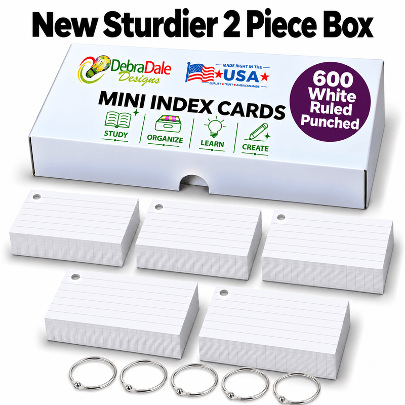 2x3.5 Mini Ruled Index Cards | 600 Count | White Punched 271 gsm Premium Weight