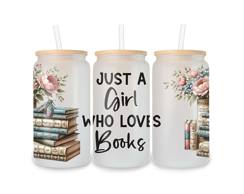 16 oz Frosted Glass Book Lover Tumbler with Bamboo Lid – 'Just a Girl Who Loves Books' Vintage Floral Stack Design