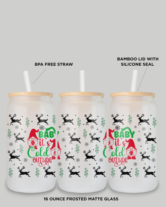 Baby It’s Cold Outside Frosted Glass Can – 16oz Holiday Tumbler with Bamboo Lid & Straw