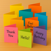 Bright cardstock in 10 vibrant colors, featuring folded cards with messages like "Thank You" and "Happy Birthday.