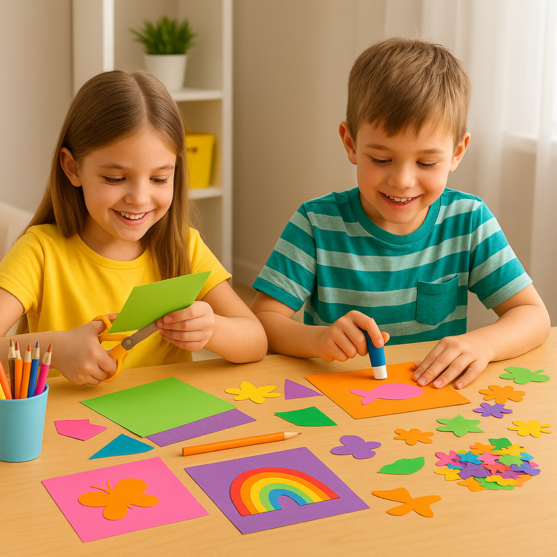 Children crafting with colorful cardstock sheets, including green, orange, pink, and blue, on a wooden table.