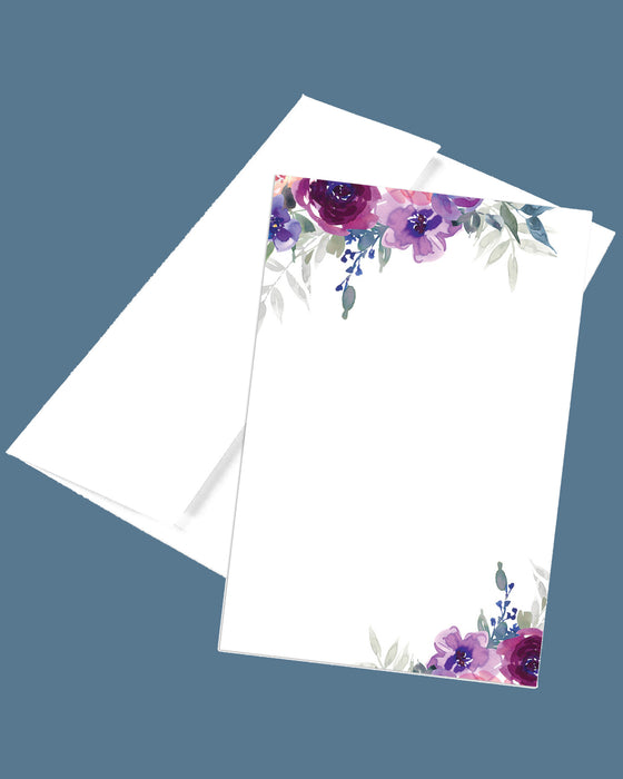 4" x 6" Purple Petals Design White Note Card Set - 50 Count - Premium Plus Paper Thickness