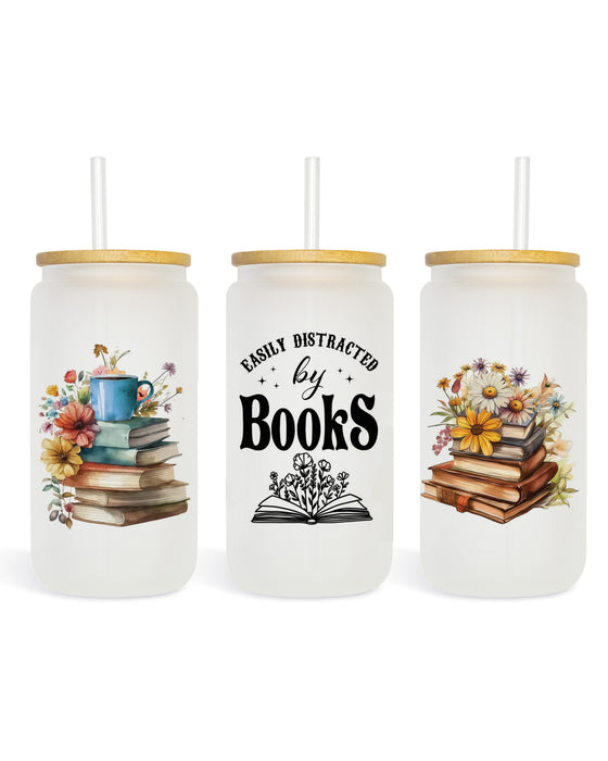 Easily Distracted by Books 16 oz Frosted Glass Can Drinking Cup with Bamboo Lid and Straw