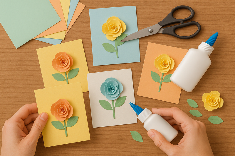 Craft cardstock sheets in various colors with floral designs, scissors, and glue bottles on a wooden table.
