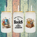 Front view of 'Easily Distracted by Books' frosted glass can tumbler.