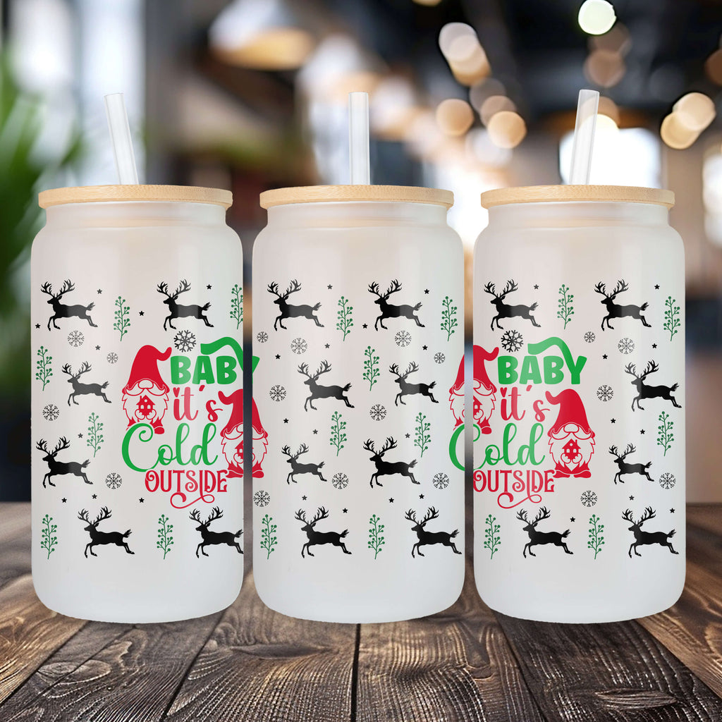 Baby It’s Cold Outside Frosted Glass Can – 16oz Holiday Tumbler with Bamboo Lid & Straw