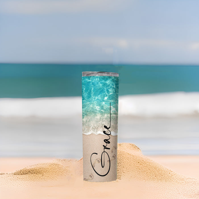 Custom Beach Footprints 20oz Stainless Steel Tumbler with Name, Location & Year - Spring Break, Graduation, Honeymoon