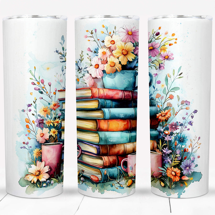 Vintage books and colorful floral design on a 20oz stainless steel tumbler with a plastic straw.