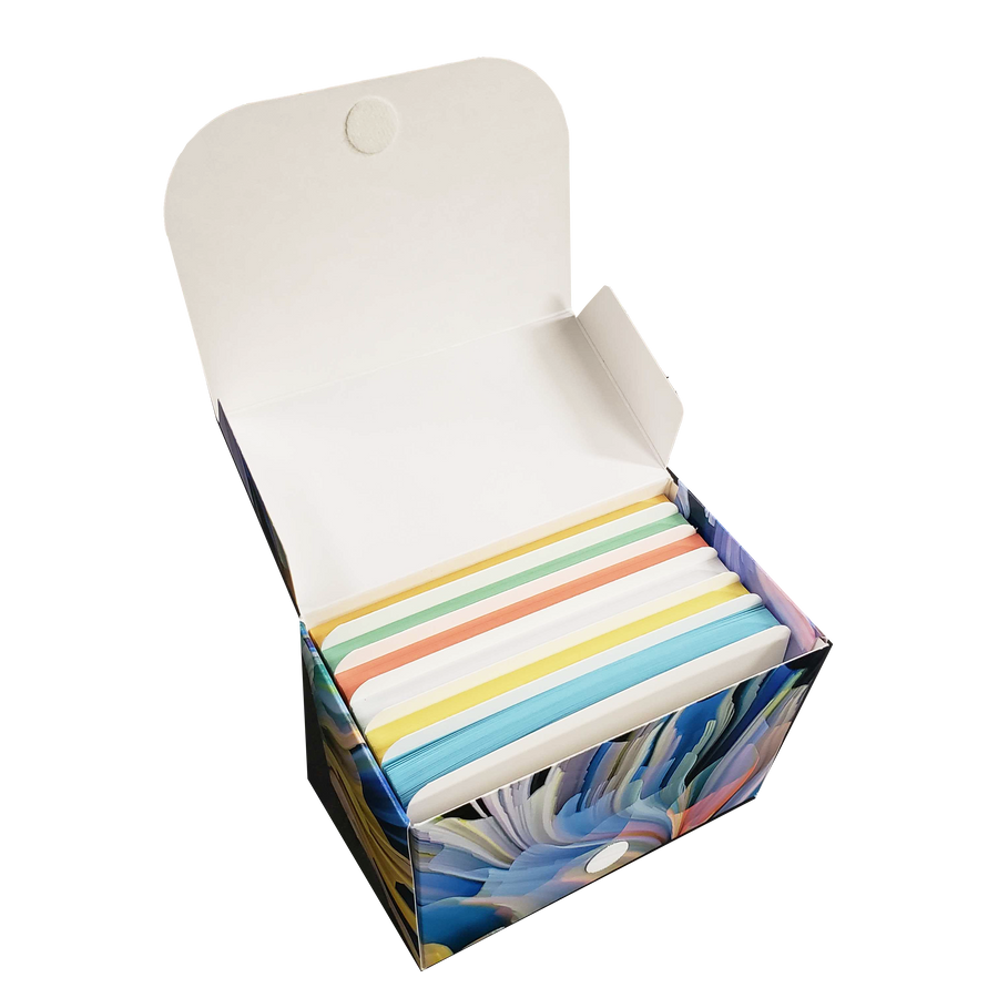 4” x 6” ruled index cards in a multi-color box with dividers, showing various colored cards inside.