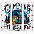 Camping is my therapy 20 oz stainless steel tumbler featuring a colorful camping scene with a trailer and trees.