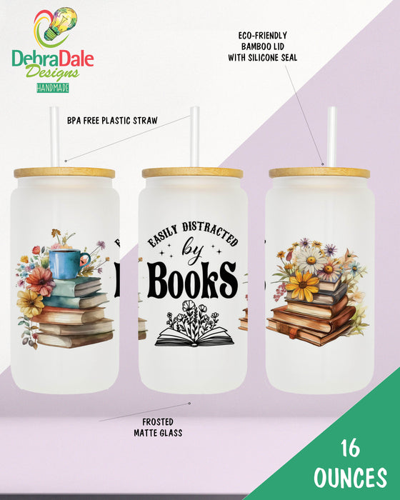 Easily Distracted by Books 16 oz Frosted Glass Can Drinking Cup with Bamboo Lid and Straw