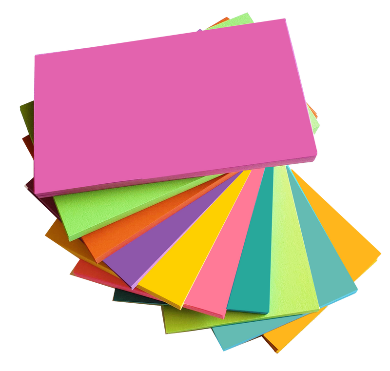 Bright color blank study cards in a stack, featuring 10 colors including pink, green, orange, and blue.