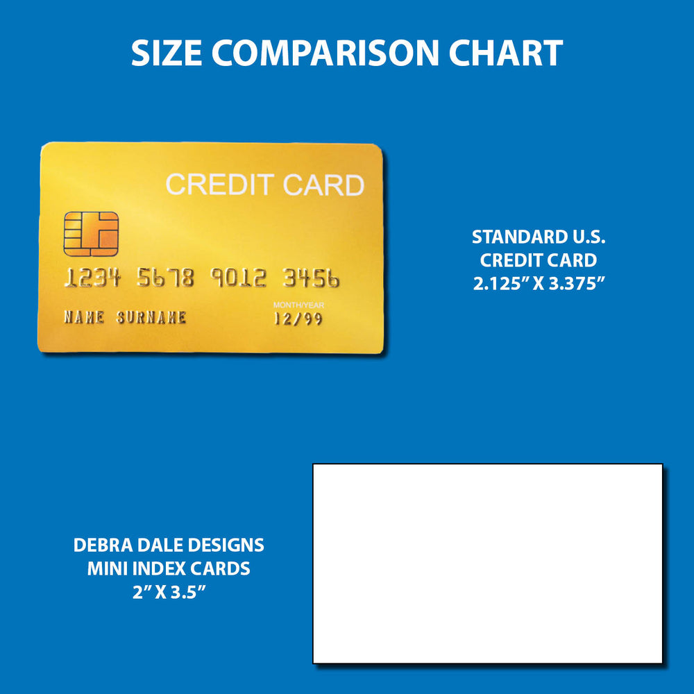 Comparison chart of Debra Dale Designs index card sizes and styles