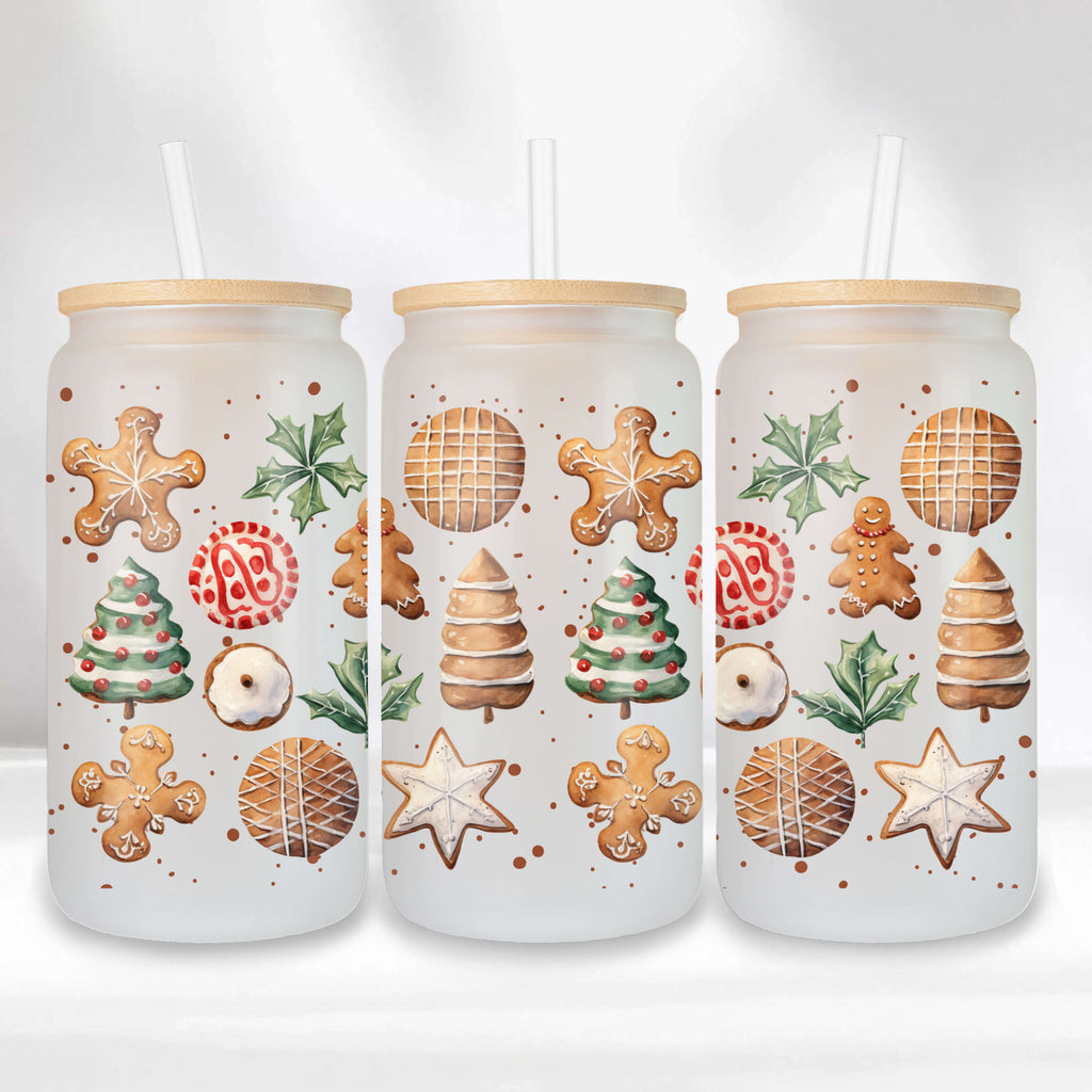 Christmas Cookie Frosted Glass Can – 16oz with Bamboo Lid and Straw, Holiday Drinkware Gift