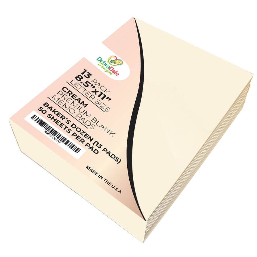 8.5 x 11 cream blank notepads, 13-pack, 50 sheets per pad, 20 lb bond paper with chipboard back by Debra Dale Designs
