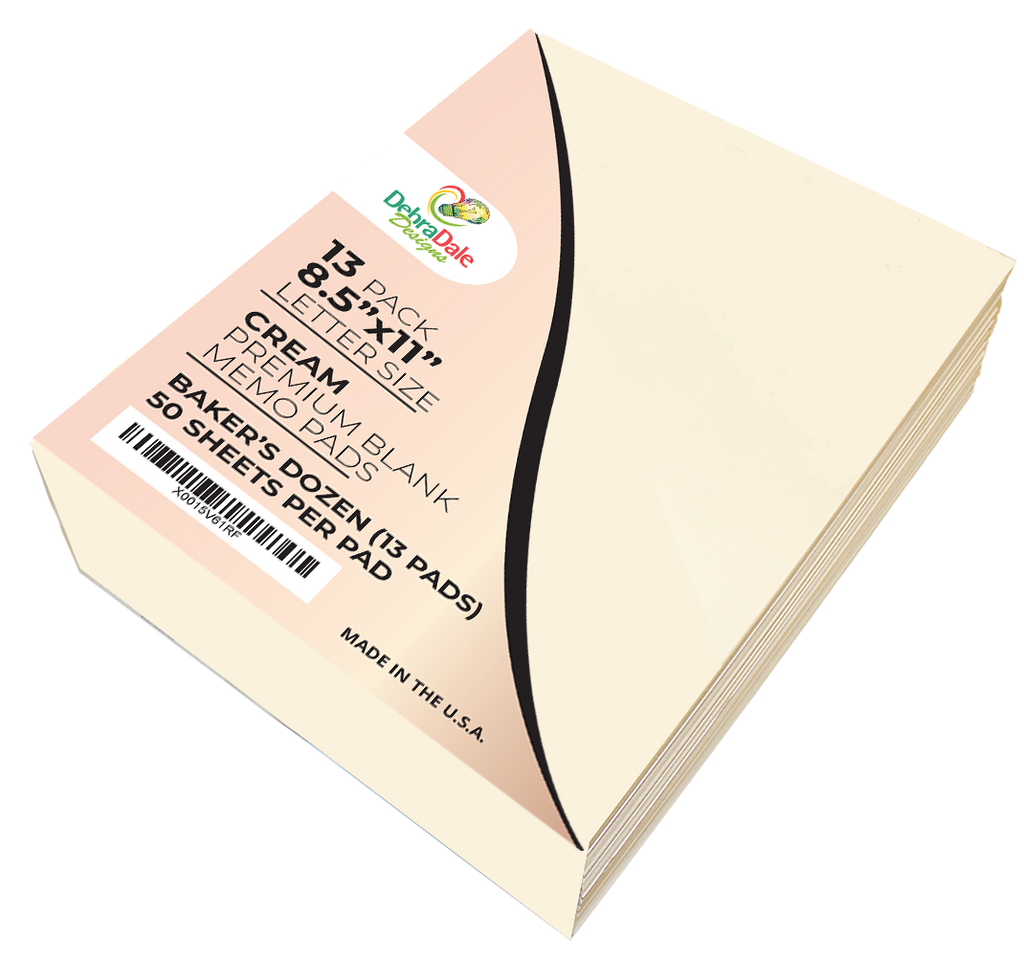 8.5” x 11” Blank Notepads – 13 Pack – Cream – 50 Sheets Each – 20# Bond – Chipboard Back