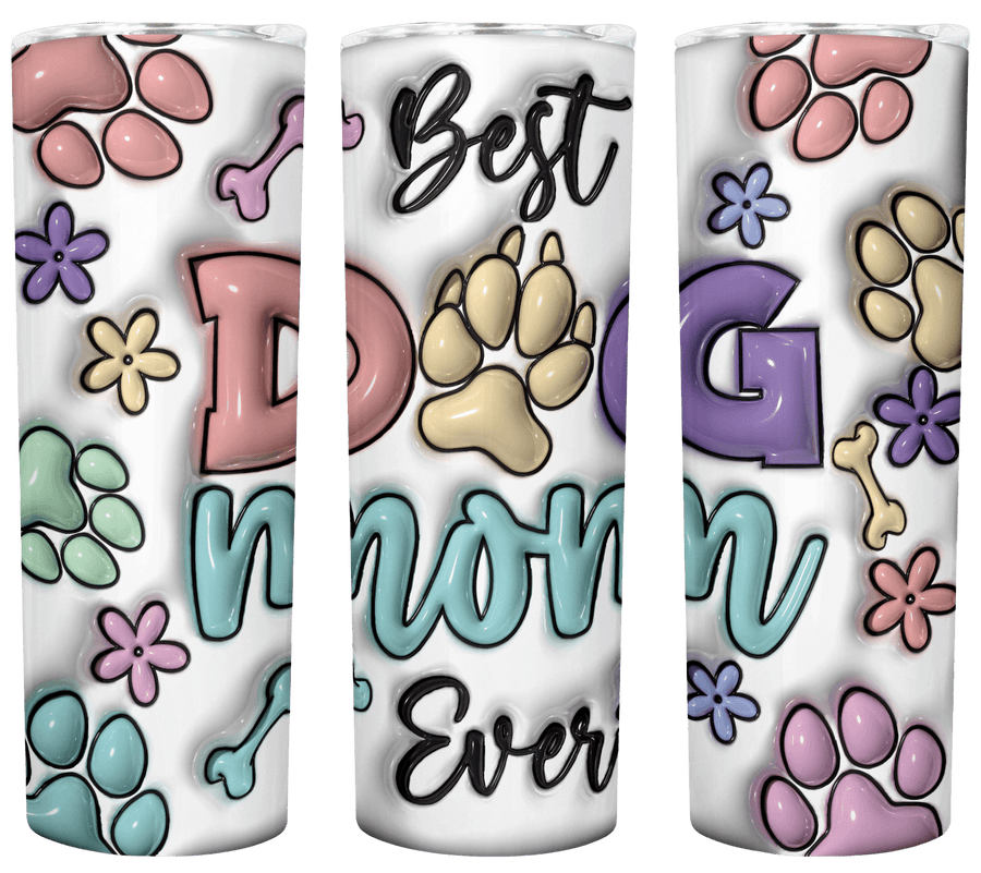 Best Dog Mom Ever 20 oz stainless steel tumbler with colorful paw prints and floral designs on a white background.