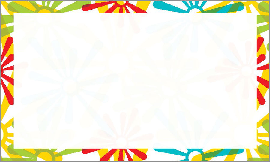 3” x 5” blank index cards with an abstract daisy border in red, yellow, green, and blue colors. 250 count pack.